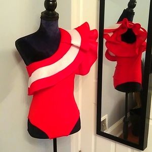 Red/white one shoulder statement bodysuit